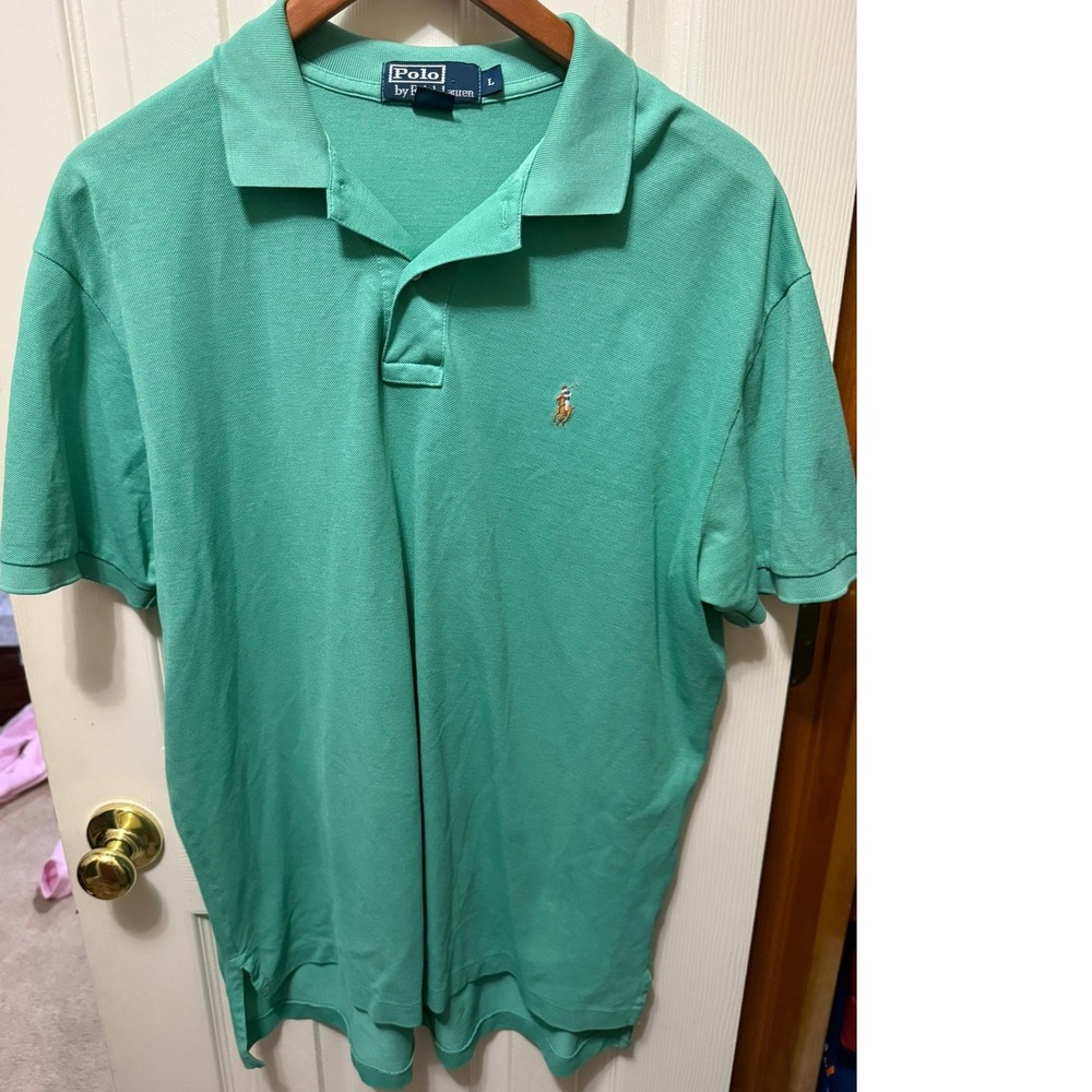 Vintage Polo Ralph Lauren L Polo Green Mesh Pique Short Sleeve Multicolor Pony